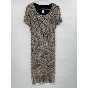 Vintage 90s Helene Blake Crochet Fringe Dress Sz 8P  Boho Neutral Festival